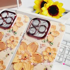 Case Ốp điện thoại iPhone Hoa To Hologram Nền Vàng Viền Camera đính đá Classic 11/12/13/14/15/Pro/Plus/Promax