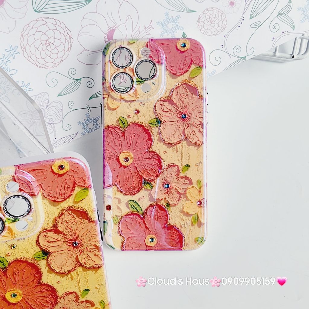 Case Ốp điện thoại iPhone Hoa Hologram nền vàng hoa đỏ viền nhám bảo vệ cụm camera đính đá iPhone 11/12/13/14/15/Pro/Promax