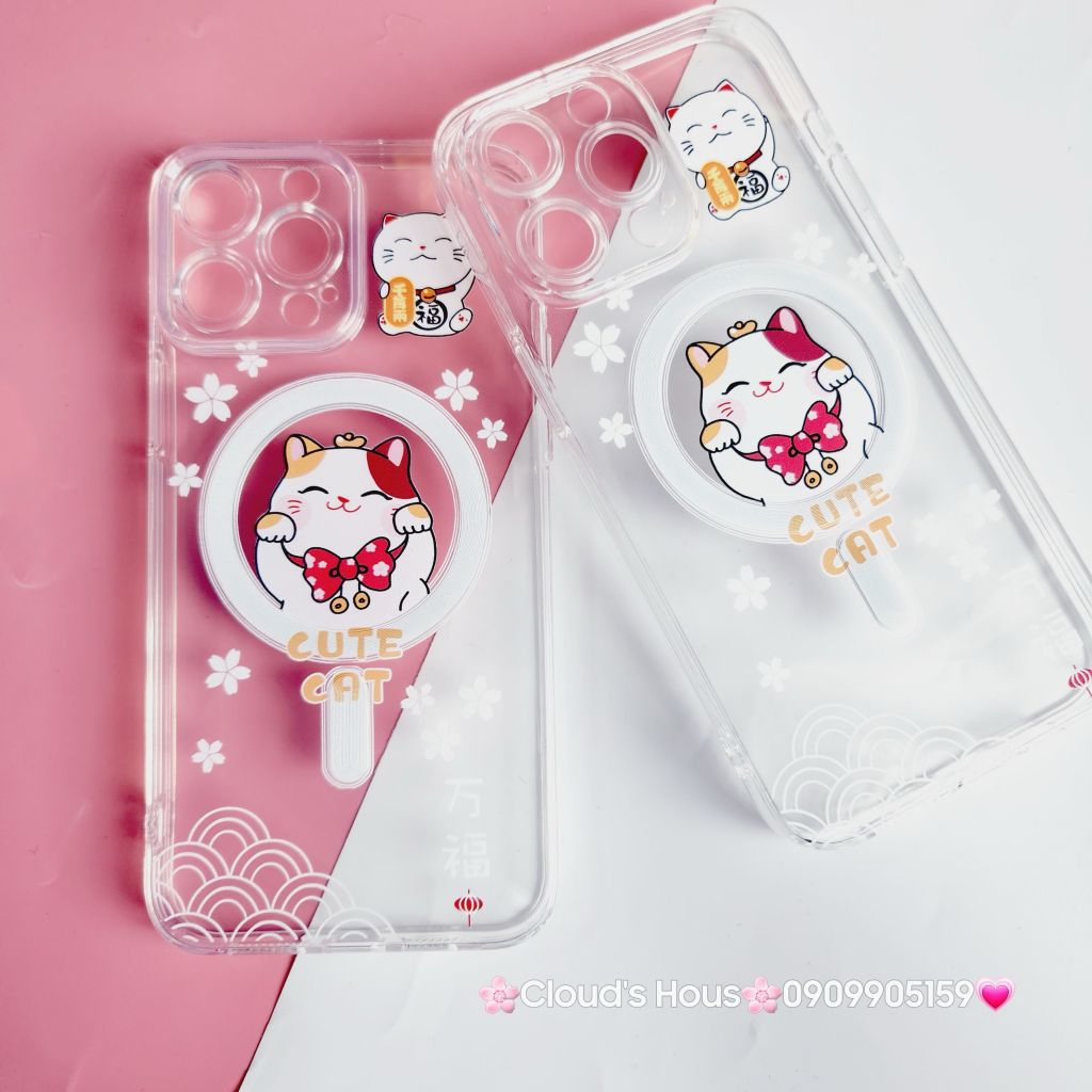 Case Ốp điện thoại iPhone Trong Magsafe Mèo may mắn Cute Cat kèm Popsocket iPhone 11/12/13/14/15/Pro/Plus/Promax - TẾT