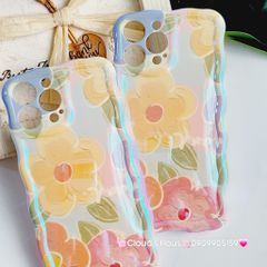 Case Ốp điện thoại iPhone Hoa Hologram Nền Xanh lá Viền Gợn Sóng iPhone 11/12/13/14/15/Pro/Promax