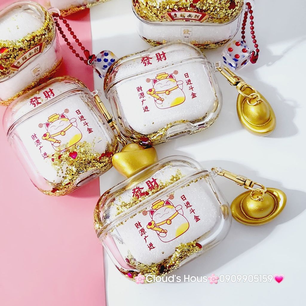 Cover Case Vỏ bảo vệ Airpod Mèo Nước Bling Thần Tài Charm Thỏi Vàng Airpod 1/2/3/Pro/Pro2 - TẾT