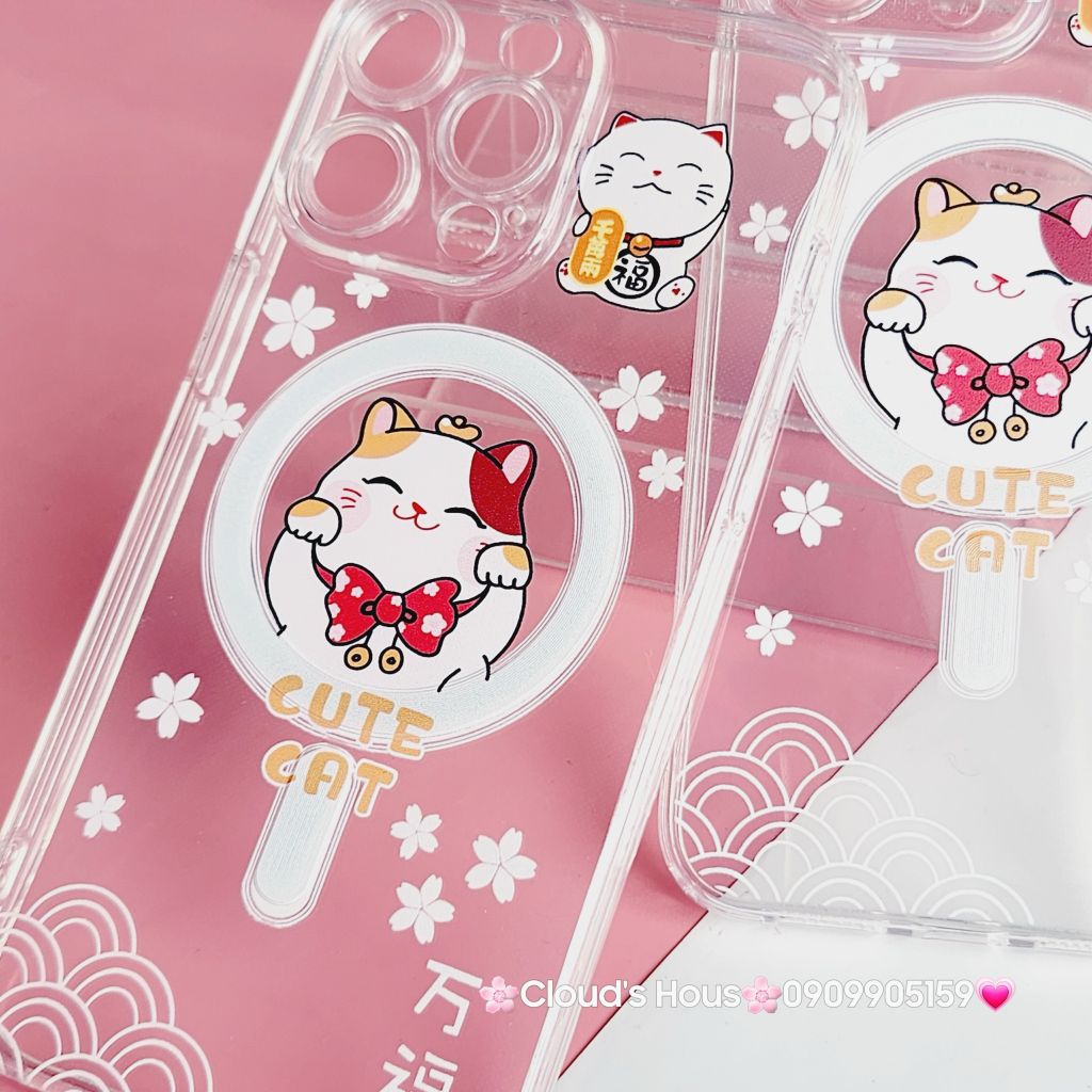 Case Ốp điện thoại iPhone Trong Magsafe Mèo may mắn Cute Cat kèm Popsocket iPhone 11/12/13/14/15/Pro/Plus/Promax - TẾT