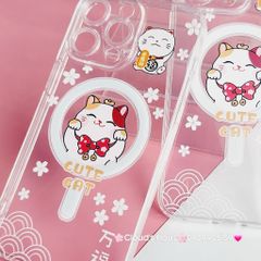 Case Ốp điện thoại iPhone Trong Magsafe Mèo may mắn Cute Cat kèm Popsocket iPhone 11/12/13/14/15/Pro/Plus/Promax - TẾT