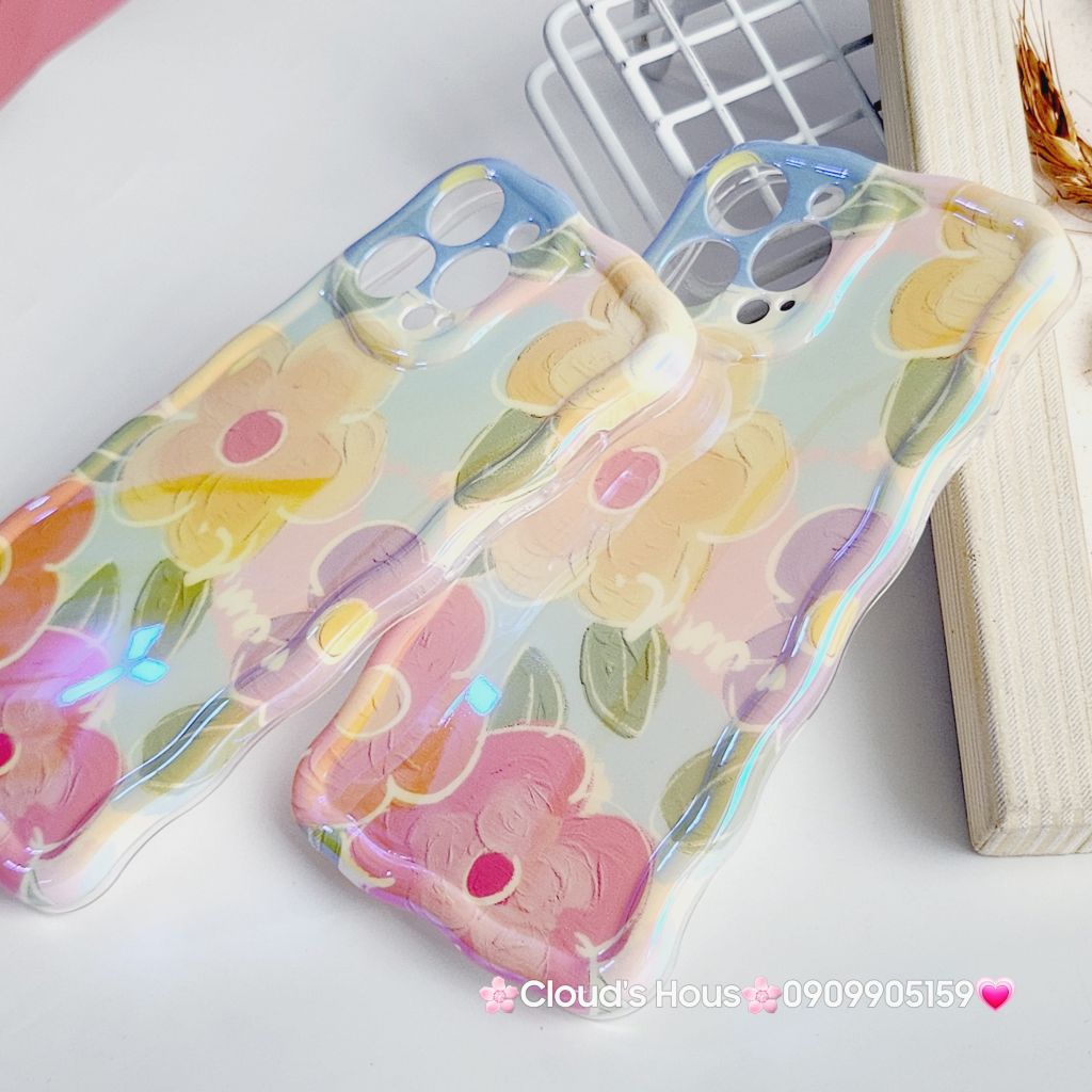 Case Ốp điện thoại iPhone Hoa Hologram Nền Xanh lá Viền Gợn Sóng iPhone 11/12/13/14/15/Pro/Promax