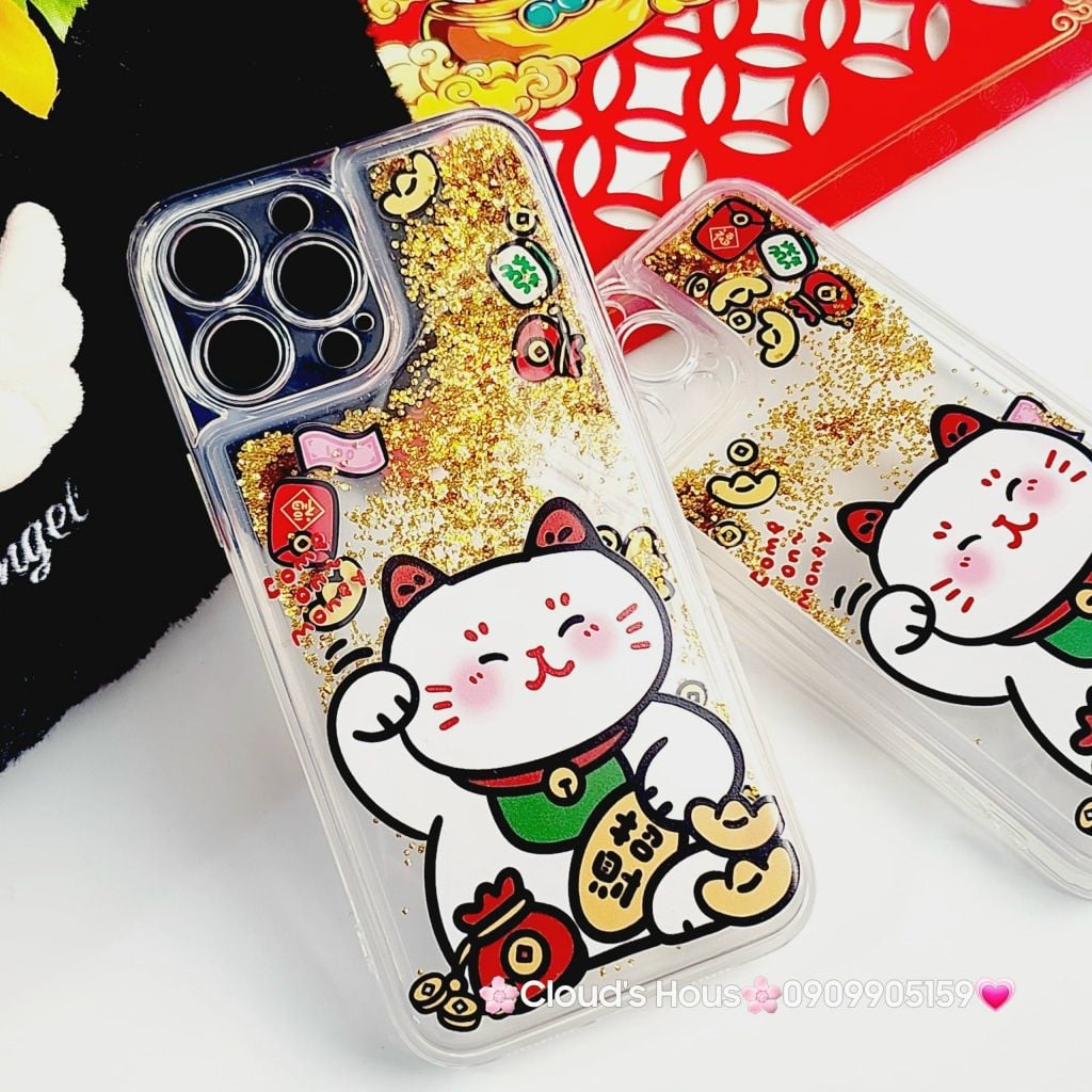 Case Ốp điện thoại iPhone Mèo May Mắn Nước Bling Bling iPhone 11/12/13/14/15/Pro/Promax - TẾT