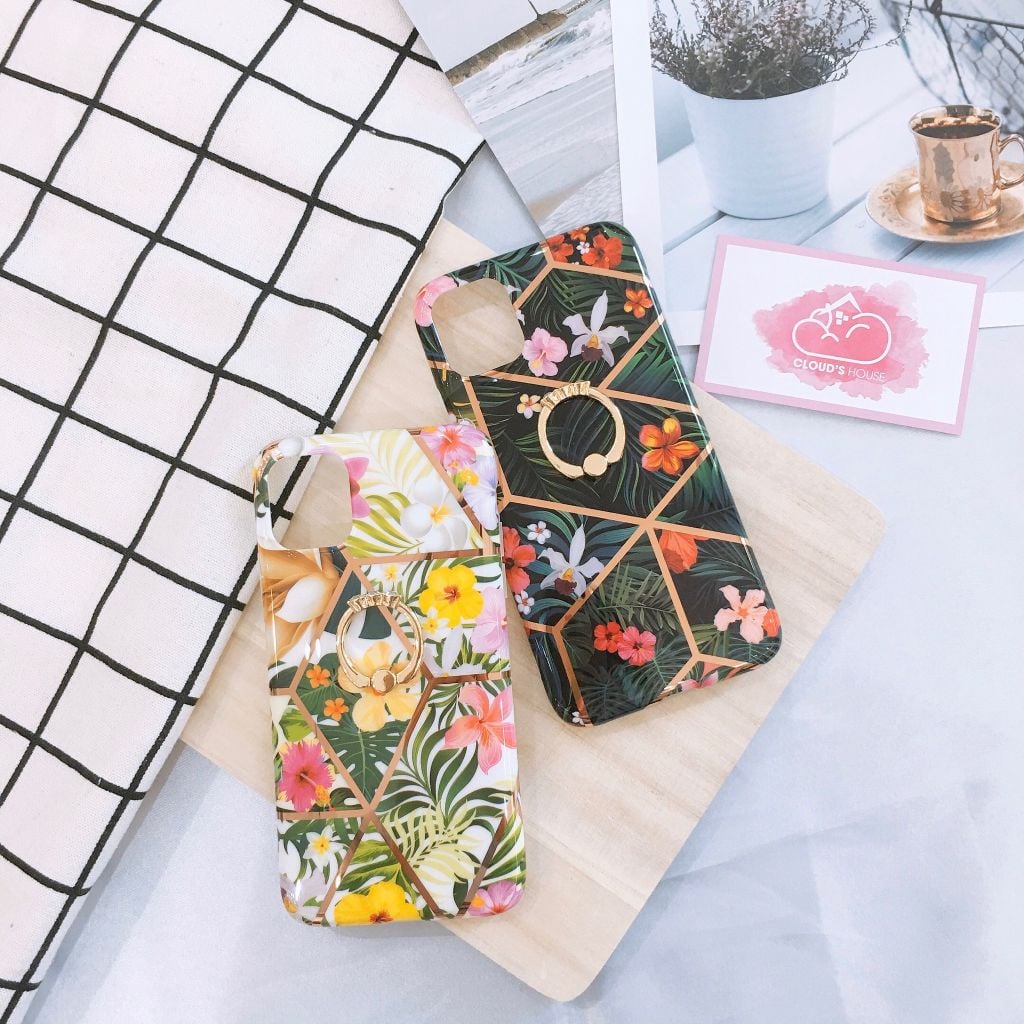 Case Ốp điện thoại iPhone Hoa cỏ lá bóng dẻo kèm rings