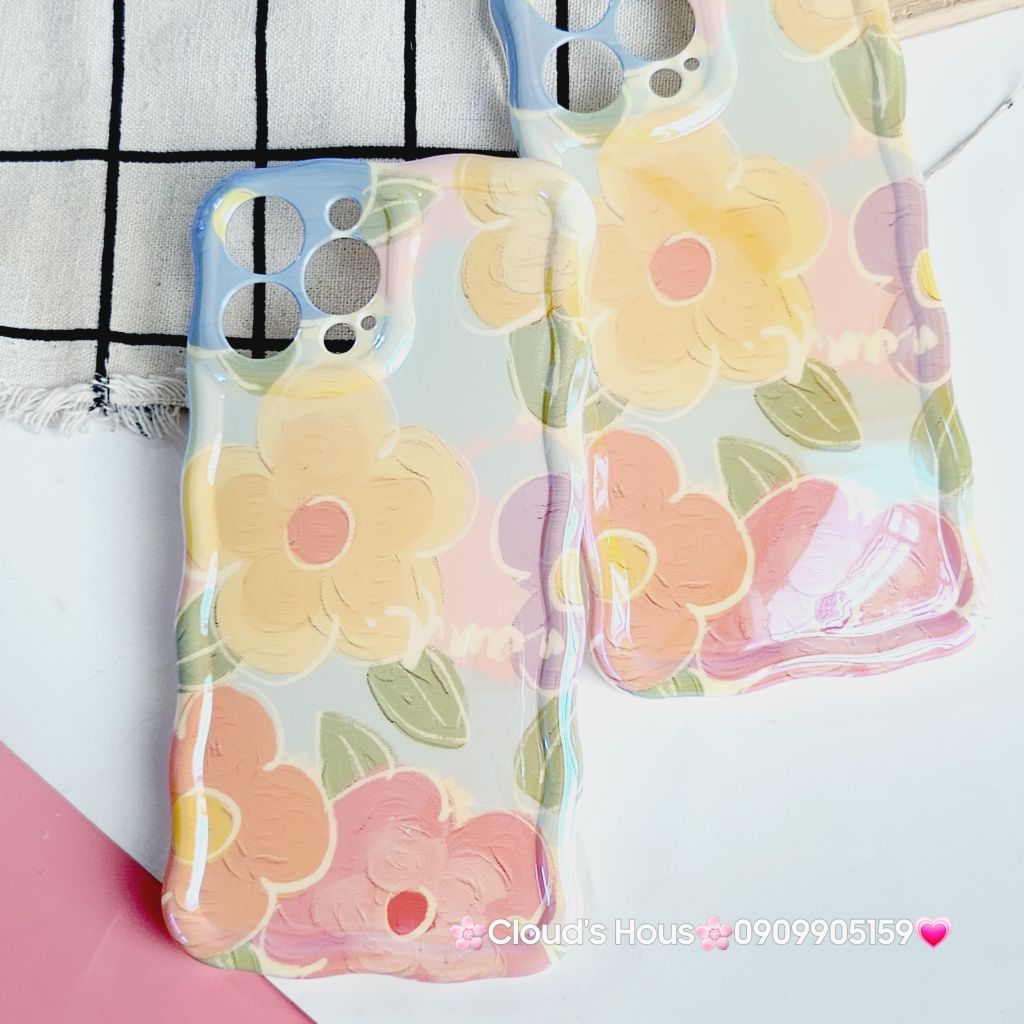 Case Ốp điện thoại iPhone Hoa Hologram Nền Xanh lá Viền Gợn Sóng iPhone 11/12/13/14/15/Pro/Promax