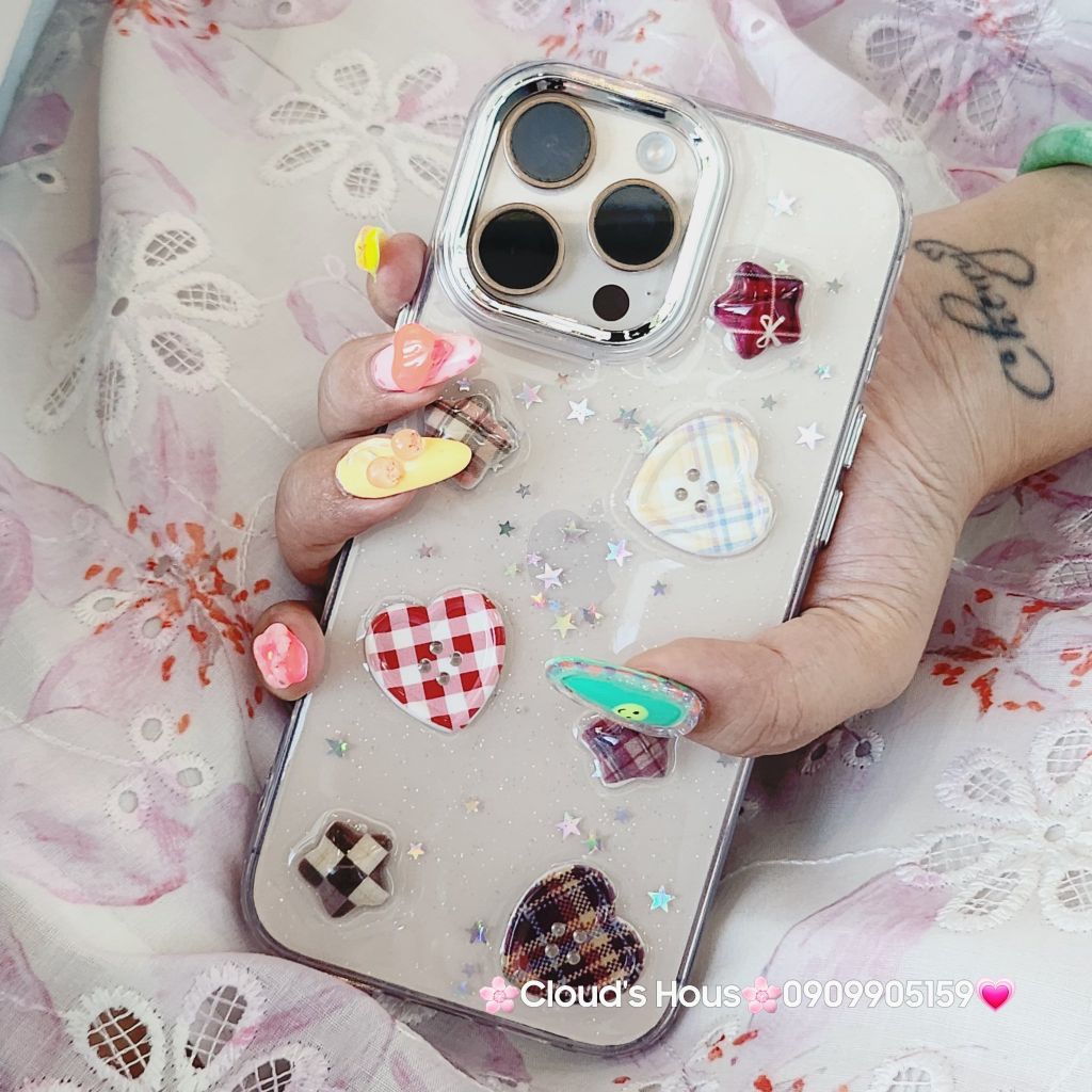 Case Ốp điện thoại iPhone Trong Icon Nổi Trái Tim Ngôi Sao Bling Bling Case iPhone 12/13/14/15/16/Pro/Promax