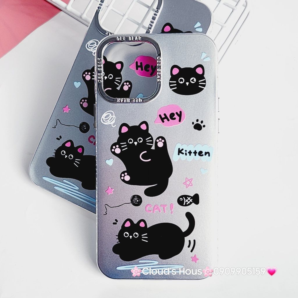 Case Ốp điện thoại iPhone Mèo Đen Kitten Nhám Hologram ánh bạc iPhone 11/12/13/14/15/Pro/Promax