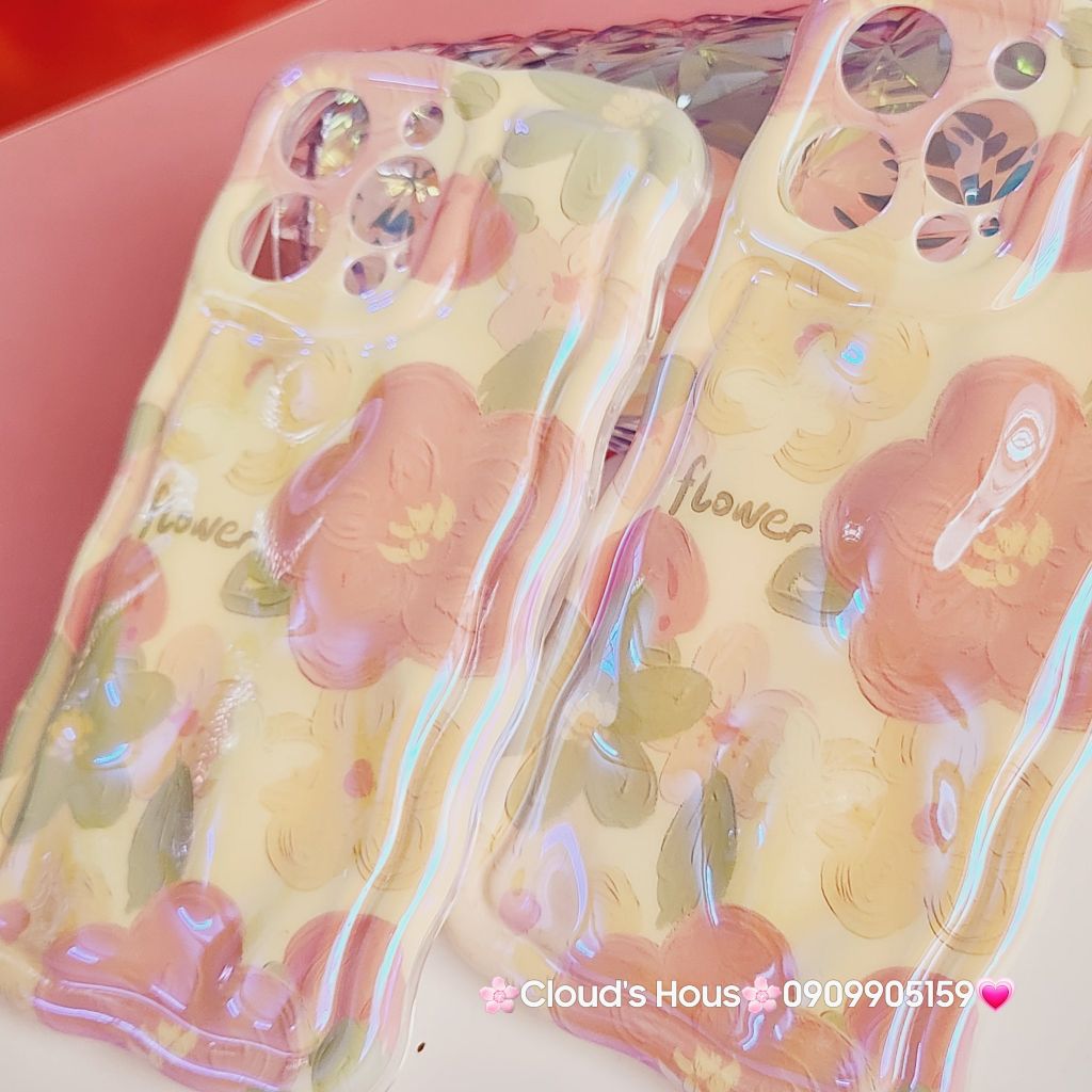 Case Ốp điện thoại iPhone HOA Hologram nền vàng Nổi Viền Gợn Sóng iPhone 12/13/14/15/Pro/Promax