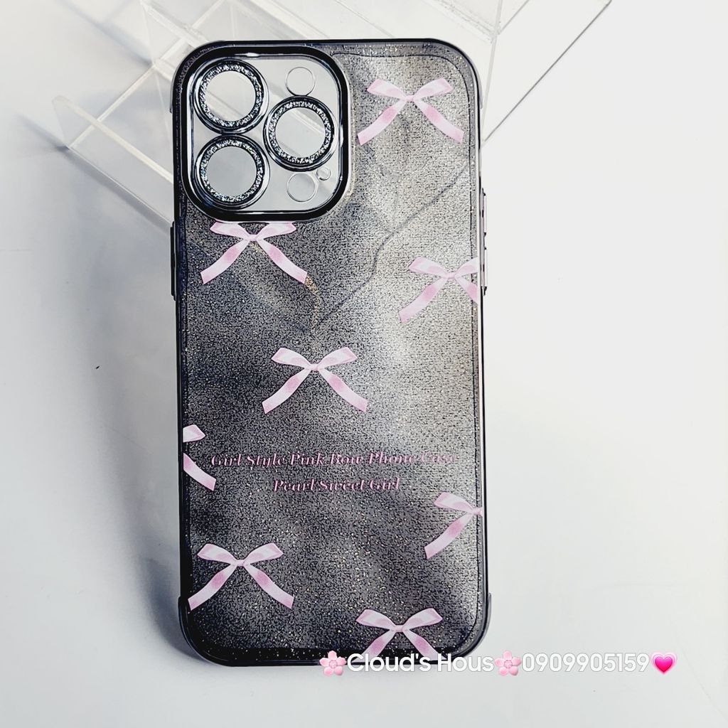 Case Ốp điện thoại iPhone Nơ Hồng nền Đen Bling Bling Cường lực Camera Đính đá iPhone 11/12/13/14/15/Pro/Promax