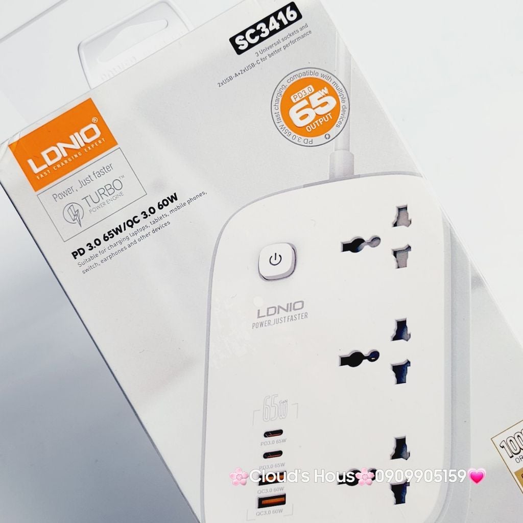 Ổ CẮM Chính hãng LDNIO 65W SC3416 EU Sạc Đa Năng Nối Dài 3250W Siêu Ổ Cắm Với USB C Sạc Nhanh PD65W MAX & QC 3.0 (màu trắng)