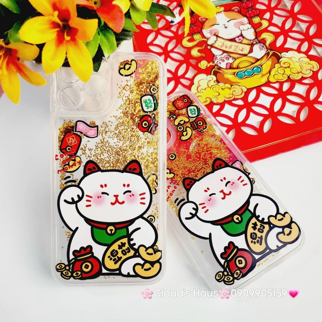 Case Ốp điện thoại iPhone Mèo May Mắn Nước Bling Bling iPhone 11/12/13/14/15/Pro/Promax - TẾT