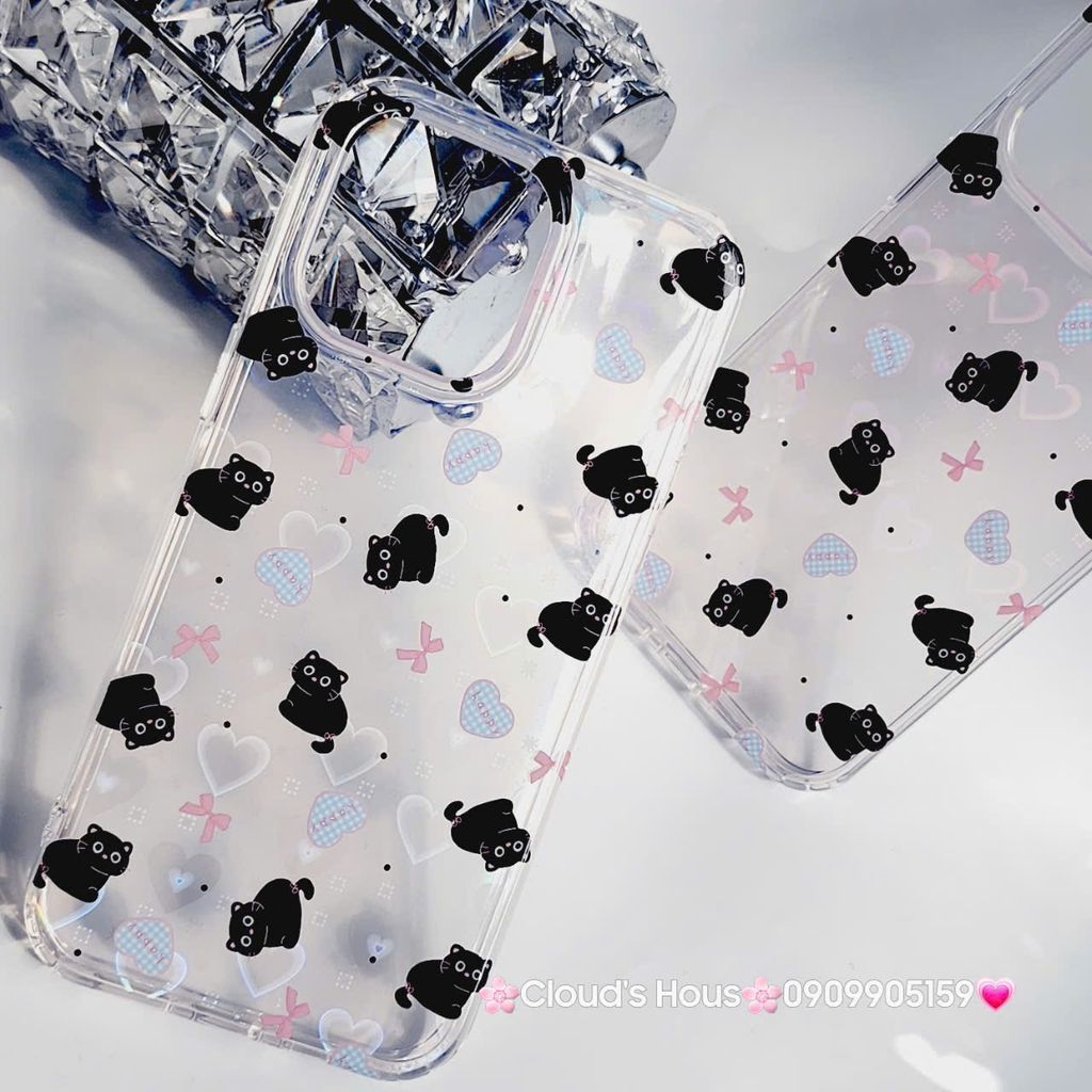 Case Ốp điện thoại iPhone Trong Mèo Đen Nền Tim Hologram iPhone 12/13/14/15/Pro/Promax