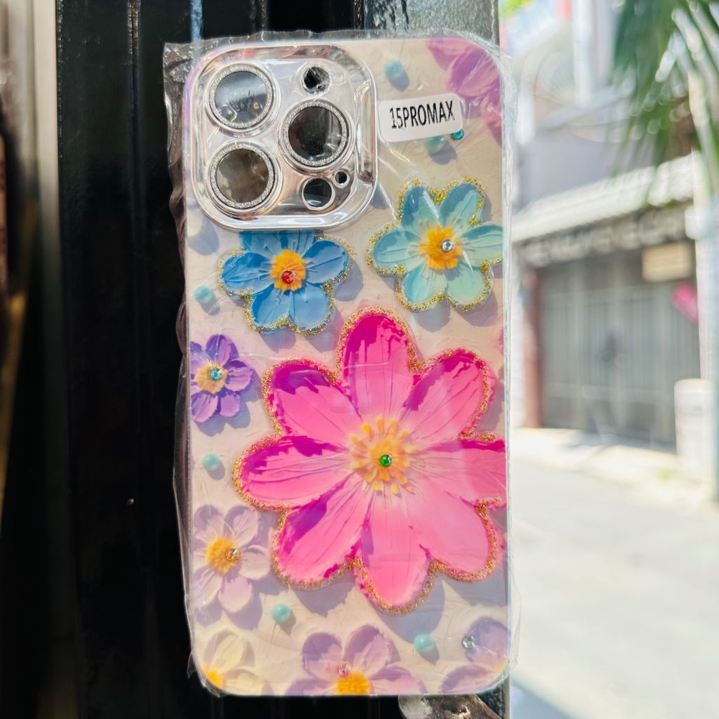 Case Ốp điện thoại iPhone Hoa To Hologram Nền Tím Viền Camera đính đá Classic iPhone 11/12/13/14/15/Pro/Plus/Promax