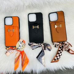 Case Ốp điện thoại iPhone Da Trơn Logo H Ví Mini Gài Kèm Dây Lụa Sang Chảnh iPhone 12/13/14/15/Pro/Promax