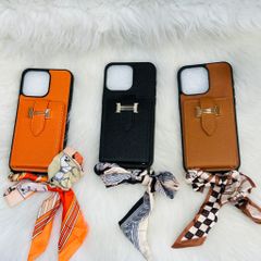 Case Ốp điện thoại iPhone Da Trơn Logo H Ví Mini Gài Kèm Dây Lụa Sang Chảnh iPhone 12/13/14/15/Pro/Promax