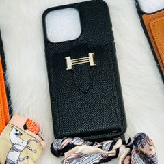 Case Ốp điện thoại iPhone Da Trơn Logo H Ví Mini Gài Kèm Dây Lụa Sang Chảnh iPhone 12/13/14/15/Pro/Promax