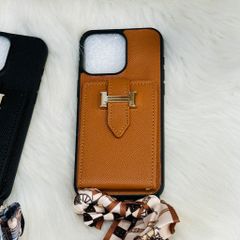 Case Ốp điện thoại iPhone Da Trơn Logo H Ví Mini Gài Kèm Dây Lụa Sang Chảnh iPhone 12/13/14/15/Pro/Promax