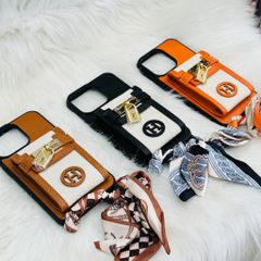 Case Ốp điện thoại iPhone Da Trơn Logo Hermes Ví Mini Ổ Khóa Kèm Dây Lụa Sang Chảnh iPhone 12/13/14/15/Pro/Promax