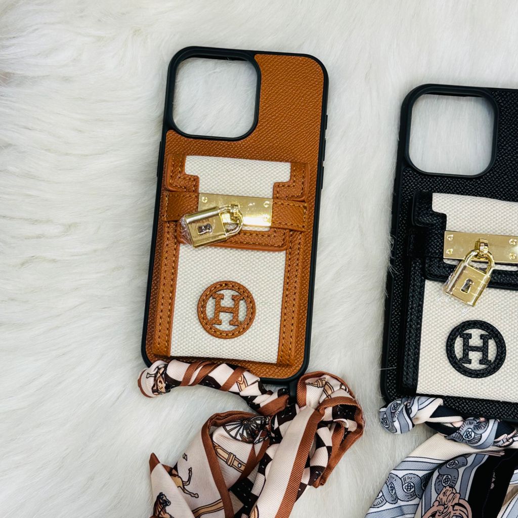 Case Ốp điện thoại iPhone Da Trơn Logo Hermes Ví Mini Ổ Khóa Kèm Dây Lụa Sang Chảnh iPhone 12/13/14/15/Pro/Promax