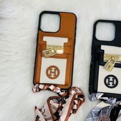 Case Ốp điện thoại iPhone Da Trơn Logo Hermes Ví Mini Ổ Khóa Kèm Dây Lụa Sang Chảnh iPhone 12/13/14/15/Pro/Promax