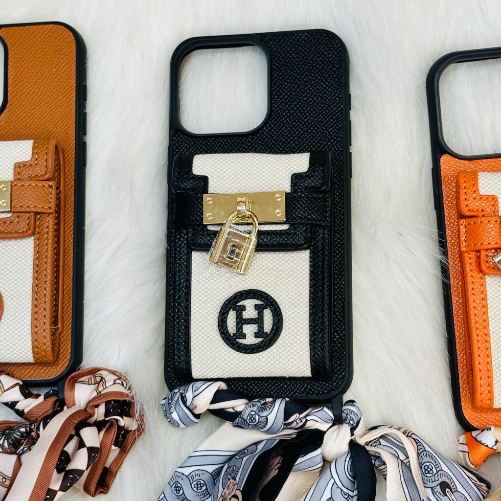 Case Ốp điện thoại iPhone Da Trơn Logo Hermes Ví Mini Ổ Khóa Kèm Dây Lụa Sang Chảnh iPhone 12/13/14/15/Pro/Promax