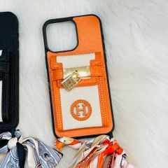 Case Ốp điện thoại iPhone Da Trơn Logo Hermes Ví Mini Ổ Khóa Kèm Dây Lụa Sang Chảnh iPhone 12/13/14/15/Pro/Promax