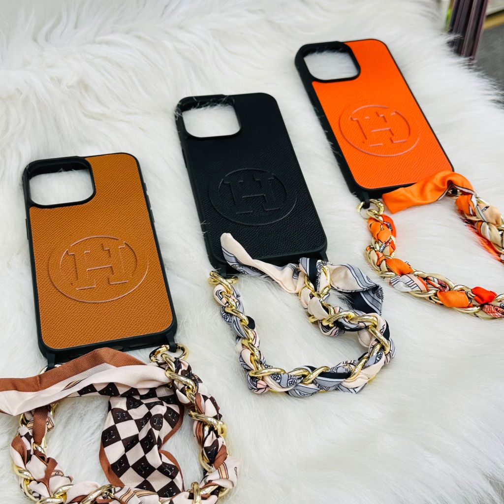 Case Ốp điện thoại iPhone Da Trơn Logo Hermes Kèm Dây Lụa Sang Chảnh iPhone 12/13/14/15/Pro/Promax