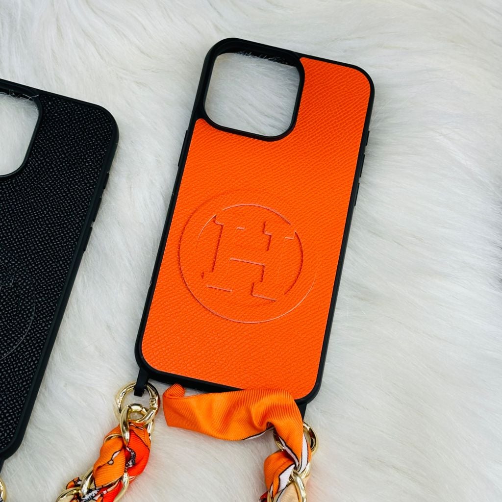 Case Ốp điện thoại iPhone Da Trơn Logo Hermes Kèm Dây Lụa Sang Chảnh iPhone 12/13/14/15/Pro/Promax