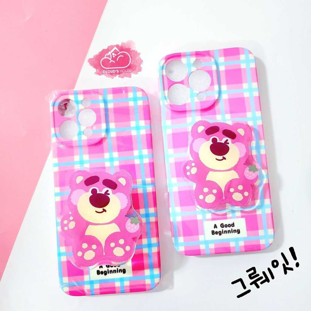 Case Ốp điện thoại iPhone Gấu dâu Lotso siêu mỏng sọc hồng kèm Pop socket iPhone 11/12/13/14/Pro/Promax