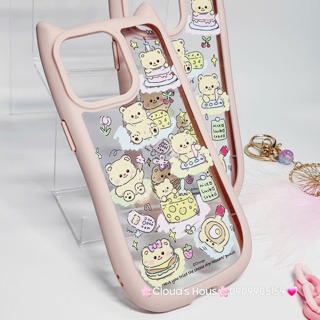 Case Ốp điện thoại iPhone Trong Stickers Gấu tai Mèo iPhone 12/13/14/15/Pro/Promax