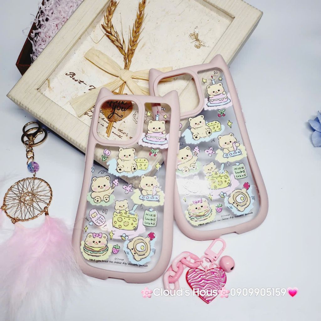 Case Ốp điện thoại iPhone Trong Stickers Gấu tai Mèo iPhone 12/13/14/15/Pro/Promax