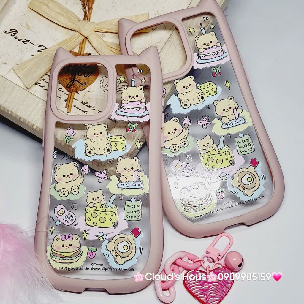 Case Ốp điện thoại iPhone Trong Stickers Gấu tai Mèo iPhone 12/13/14/15/Pro/Promax