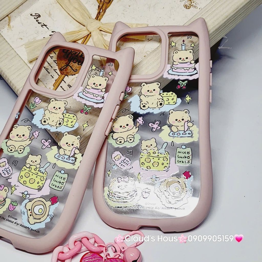Case Ốp điện thoại iPhone Trong Stickers Gấu tai Mèo iPhone 12/13/14/15/Pro/Promax