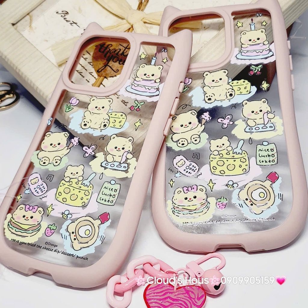Case Ốp điện thoại iPhone Trong Stickers Gấu tai Mèo iPhone 12/13/14/15/Pro/Promax