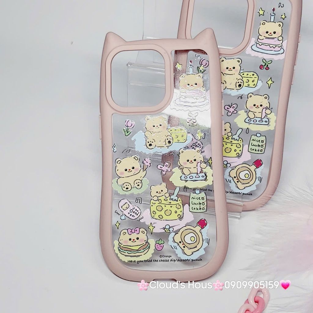 Case Ốp điện thoại iPhone Trong Stickers Gấu tai Mèo iPhone 12/13/14/15/Pro/Promax