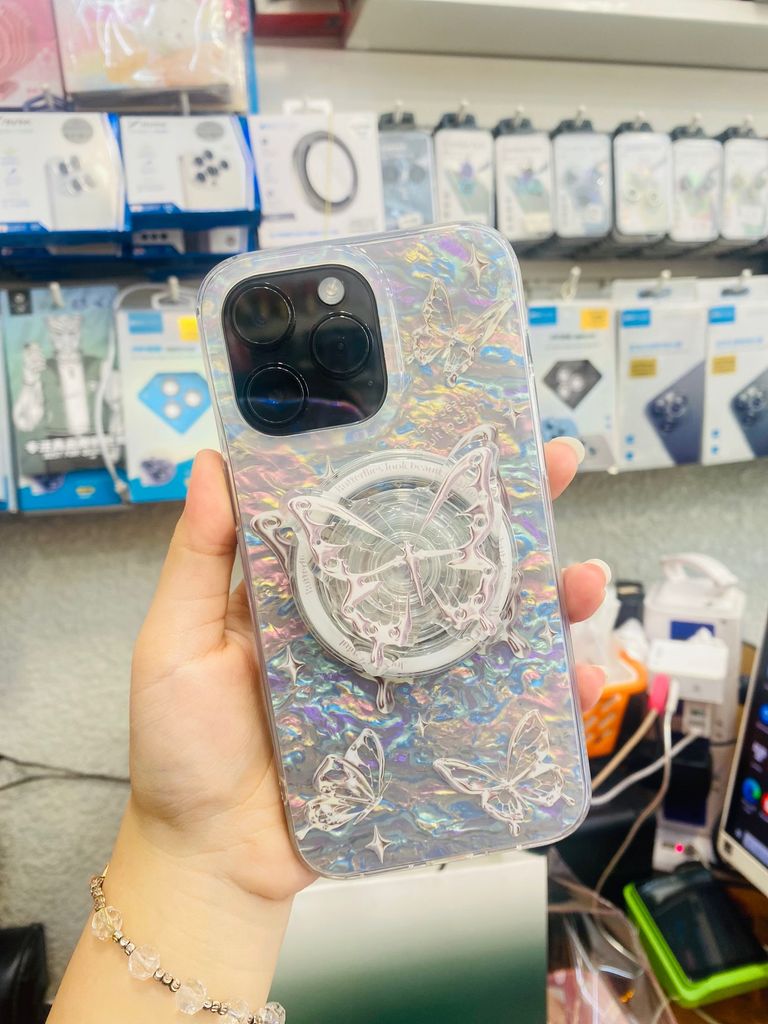 Case Ốp điện thoại iPhone Magsafe Bướm Đen Ánh Xà Cừ Trắng Kèm Popsocket Nam Châm iPhone 11/12/13/14/15/Pro/Promax