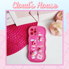 Case Ốp điện thoại iPhone Gấu dâu Lotso Nhám da Viền gợn sóng icon nổi iPhone 11/12/13/14/Pro/Promax