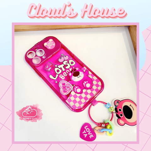 Case Ốp điện thoại iPhone Gấu dâu Lotso Trong dẻo Gương Bảo vệ camera Kèm móc khoá iPhone X/Xs/XsMax/11/12/13/14/Plus/Pro/Promax