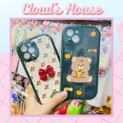 Case Ốp điện thoại iPhone Gấu Nice nền xanh & Nơ đỏ icon nổi Nhám Da iPhone 11/12/13/14/Plus/Pro/Promax