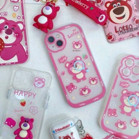 Case Ốp điện thoại iPhone Gấu dâu Lotso Chất dẻo nhám viền vuông iPhone 11/12/13/14/Pro/Promax