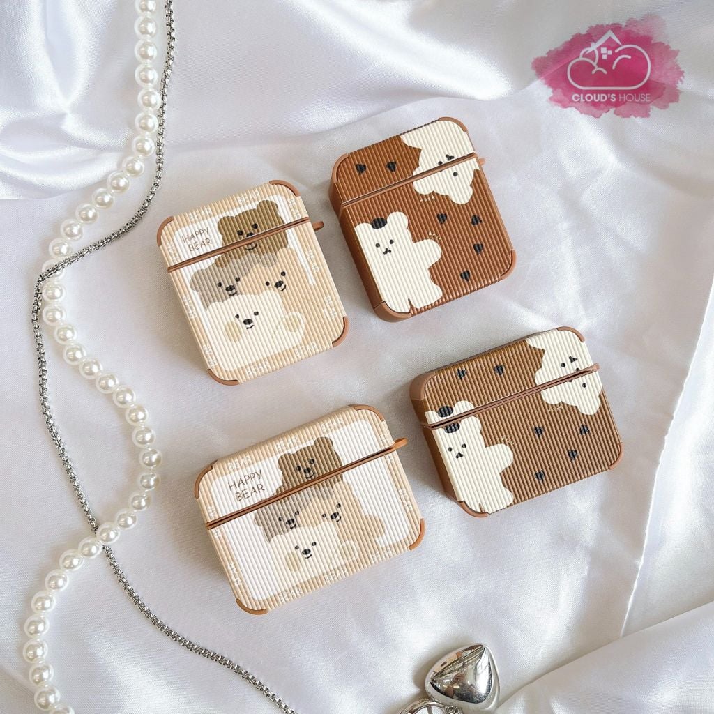 COVER AIRPOD Gấu Form Vuông sọc nhám da