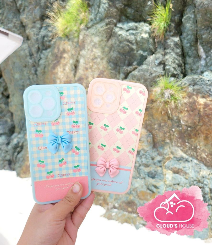 CASE IPHONE ICON NỔI Nhám Da Hình Nơ Kute - Hoa ( hồng - xanh)