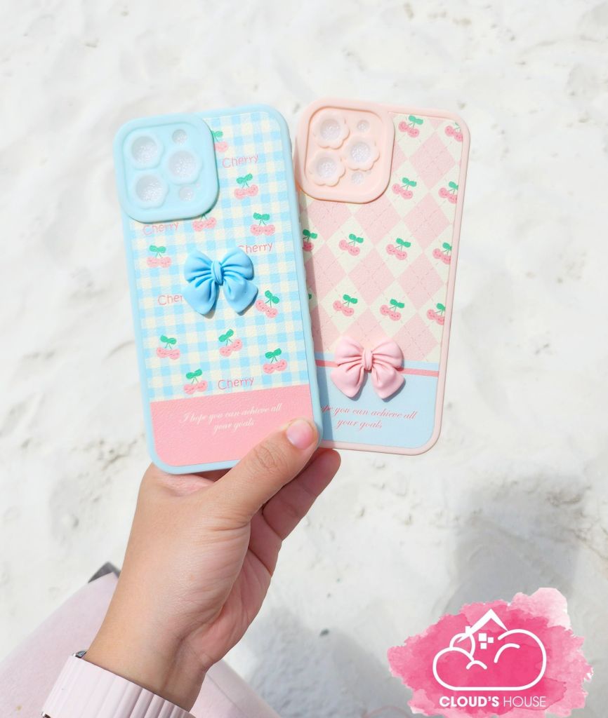 CASE IPHONE ICON NỔI Nhám Da Hình Nơ Kute - Hoa ( hồng - xanh)