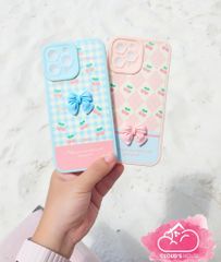 CASE IPHONE ICON NỔI Nhám Da Hình Nơ Kute - Hoa ( hồng - xanh)