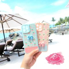 CASE IPHONE ICON NỔI Nhám Da Hình Nơ Kute - Hoa ( hồng - xanh)