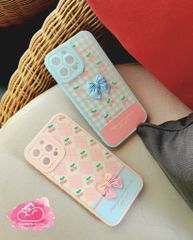 CASE IPHONE ICON NỔI Nhám Da Hình Nơ Kute - Hoa ( hồng - xanh)