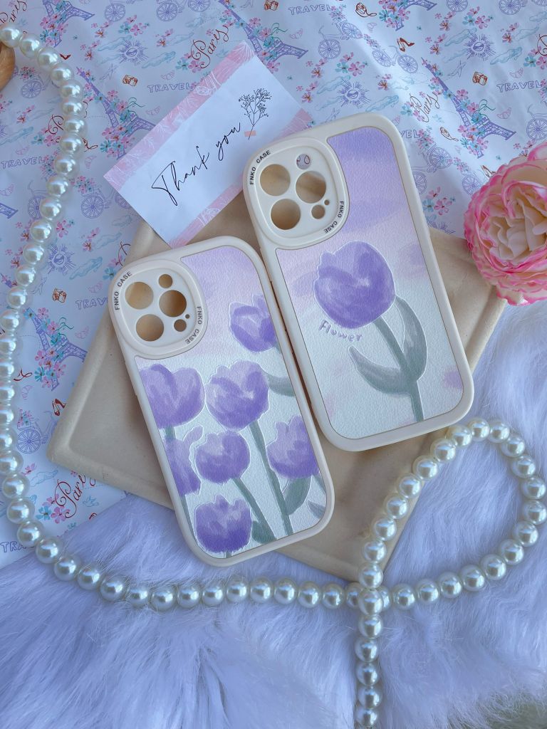 CASE IPHONE HOA Tulip Tím Chất Nhám Da Form Tròn