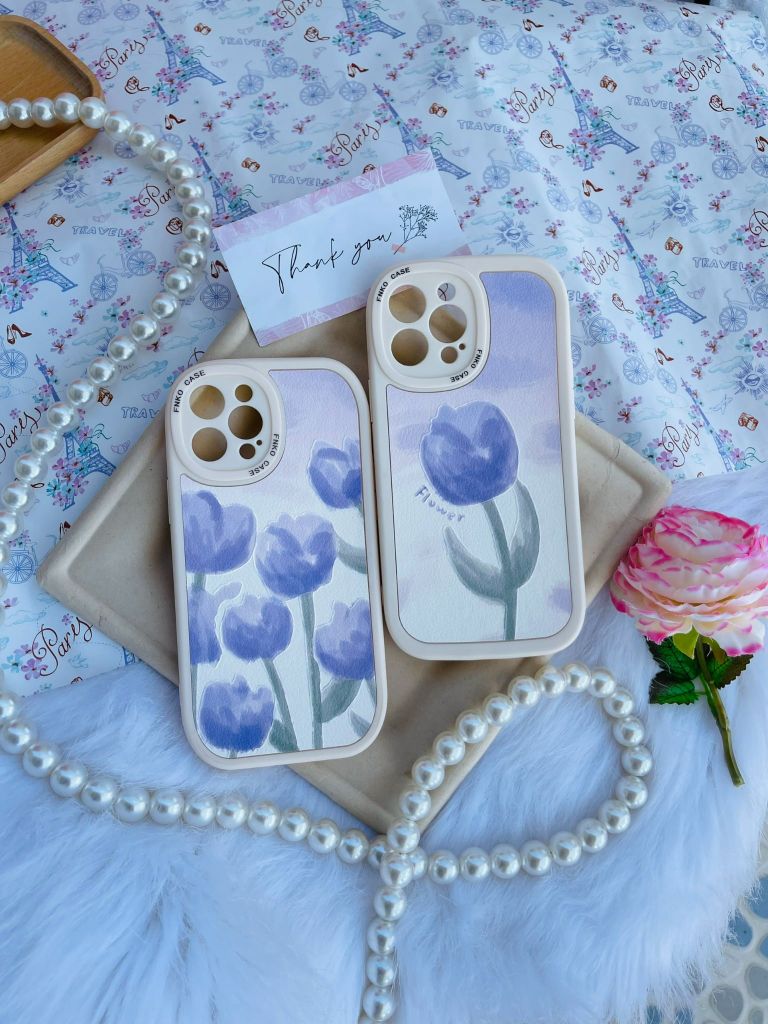CASE IPHONE HOA Tulip Tím Chất Nhám Da Form Tròn